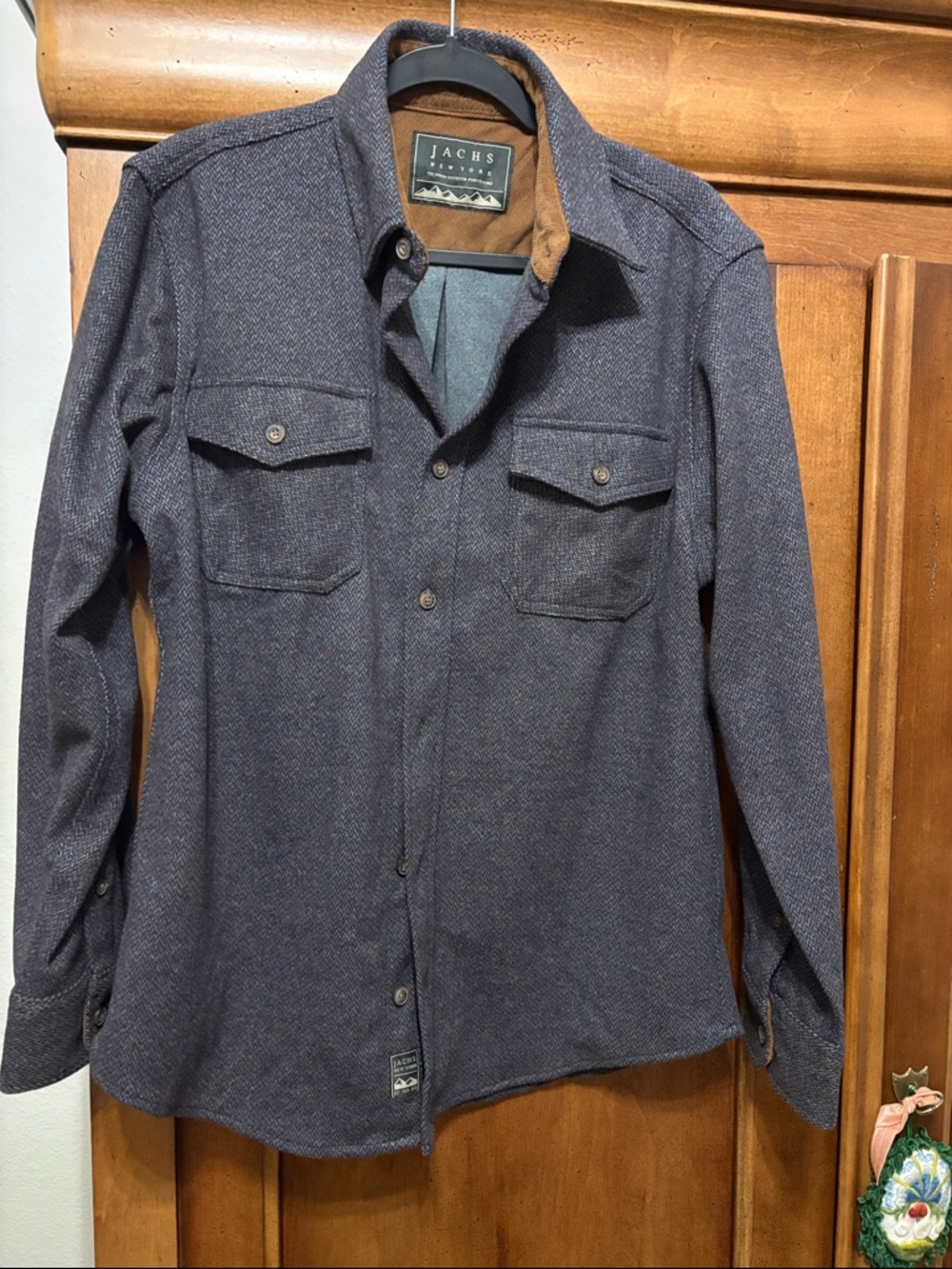 Jachs Men's Blue Herringbone Shirt Jacket with Tan Collar
